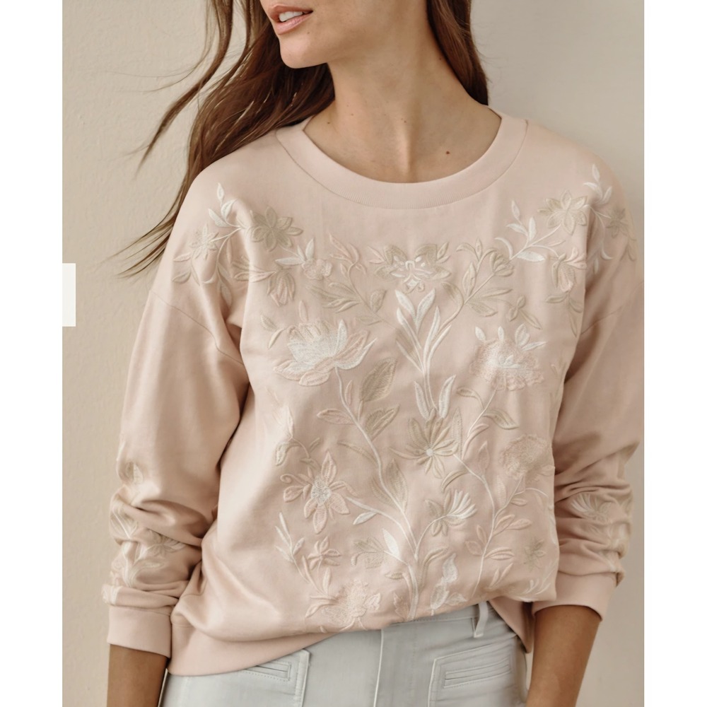 J. Jill Floral Embroidered Sweatshirt Pink Crew Neck Pullover 2X